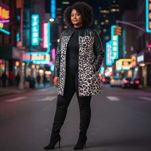 Chico's Animal Print Duster Trench Jacket Faux Leather Sleeves Maximalist